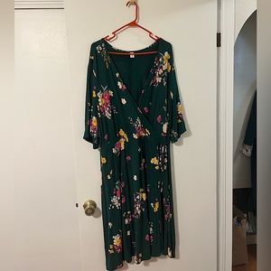 Green floral faux-wrap midi dress